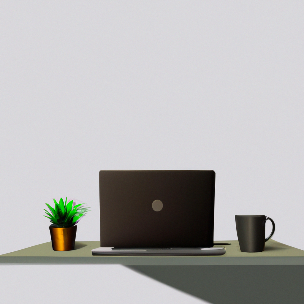 Minimal, modern workspace with an open laptop showing a privacy dashboard, soft window light, a green plant, and a coffee mug